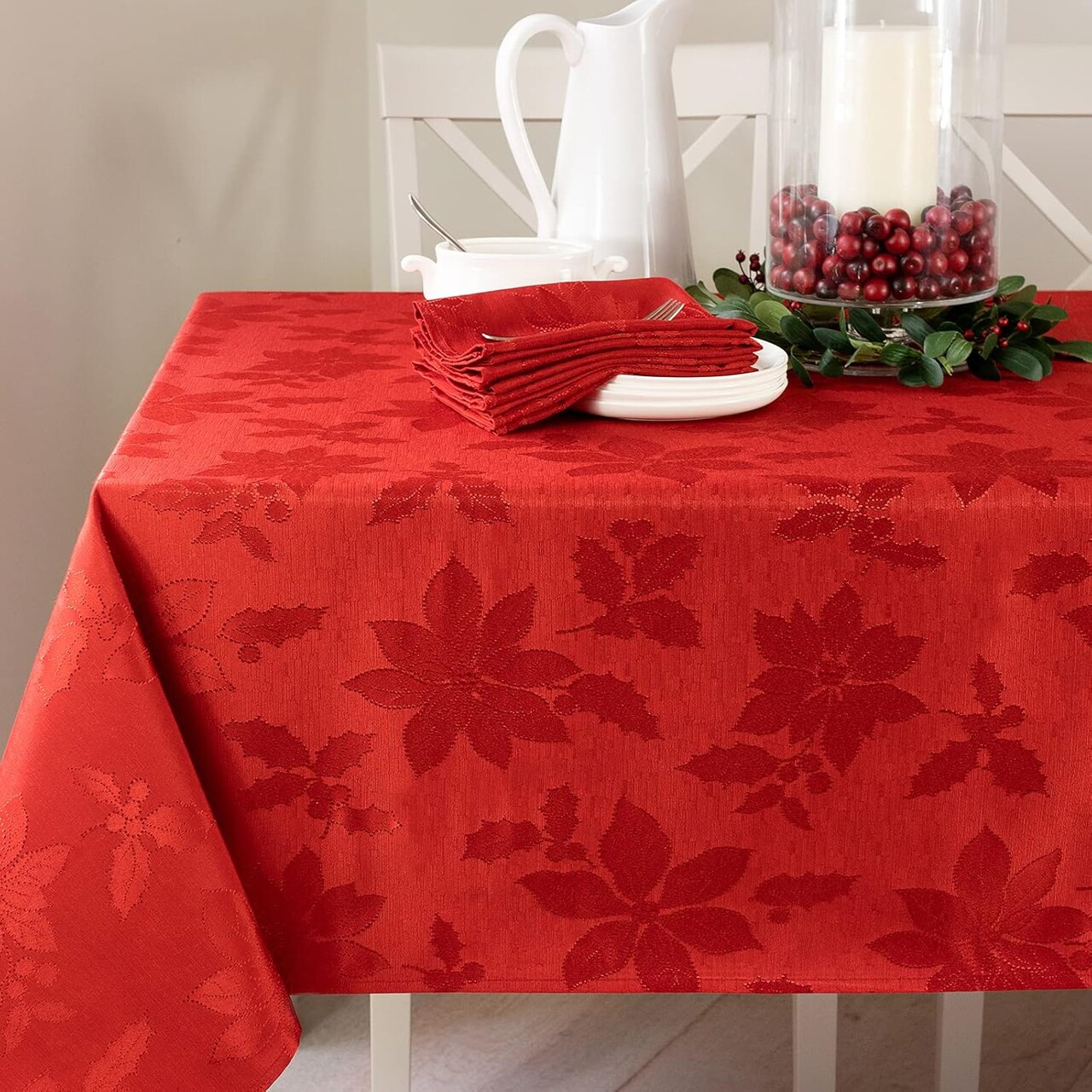 Poinsettia Legacy Damask Fabric Table Cloth, Holiday, Winter, and Christmas Tablecloth (Red, 60" X 102" Rectangular)